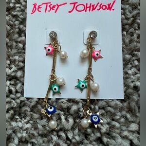 Betsey Johnson Gold Tone Star Evil Eye Drop Earrings Pearl Charm Dangle